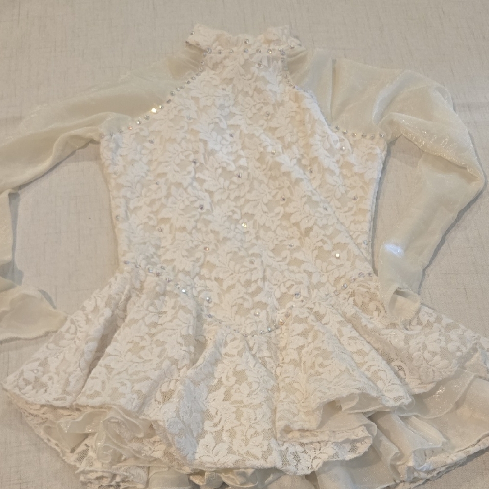 Girl's Figure Skating Dress Elegant Lace Dress with Sheer Sleeves